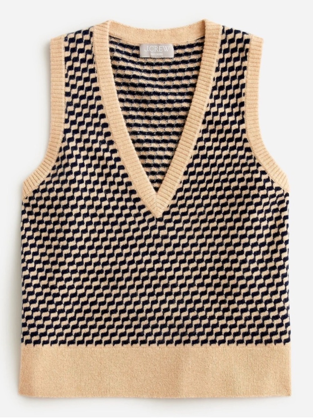 NWT J. Crew 100% CASHMERE Beige and Black Knit V-Neck Sleeveless Sweater Vest S